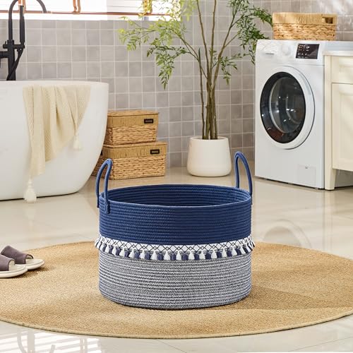 Image of KAKAMAY Cotton Rope Storage Basket (20 inchx13 inch),Woven Hamper for Blankets,Toys,Pillows,Clothes,Laundry,Sturdy Handles Decorative Basket for Living Room, Bedroom,Nursery(Blue /White)