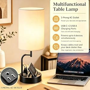 Dreamholder 2 Pack Table Lamp, Bedside Lamp with 3 USB Charging Ports & AC Outlet, USB Desk Lamp with 2 Phone Holders, Linen Fabric Shade Nightstand Lamps for Bedroom Living Room Office, Black — photo 3 of 6