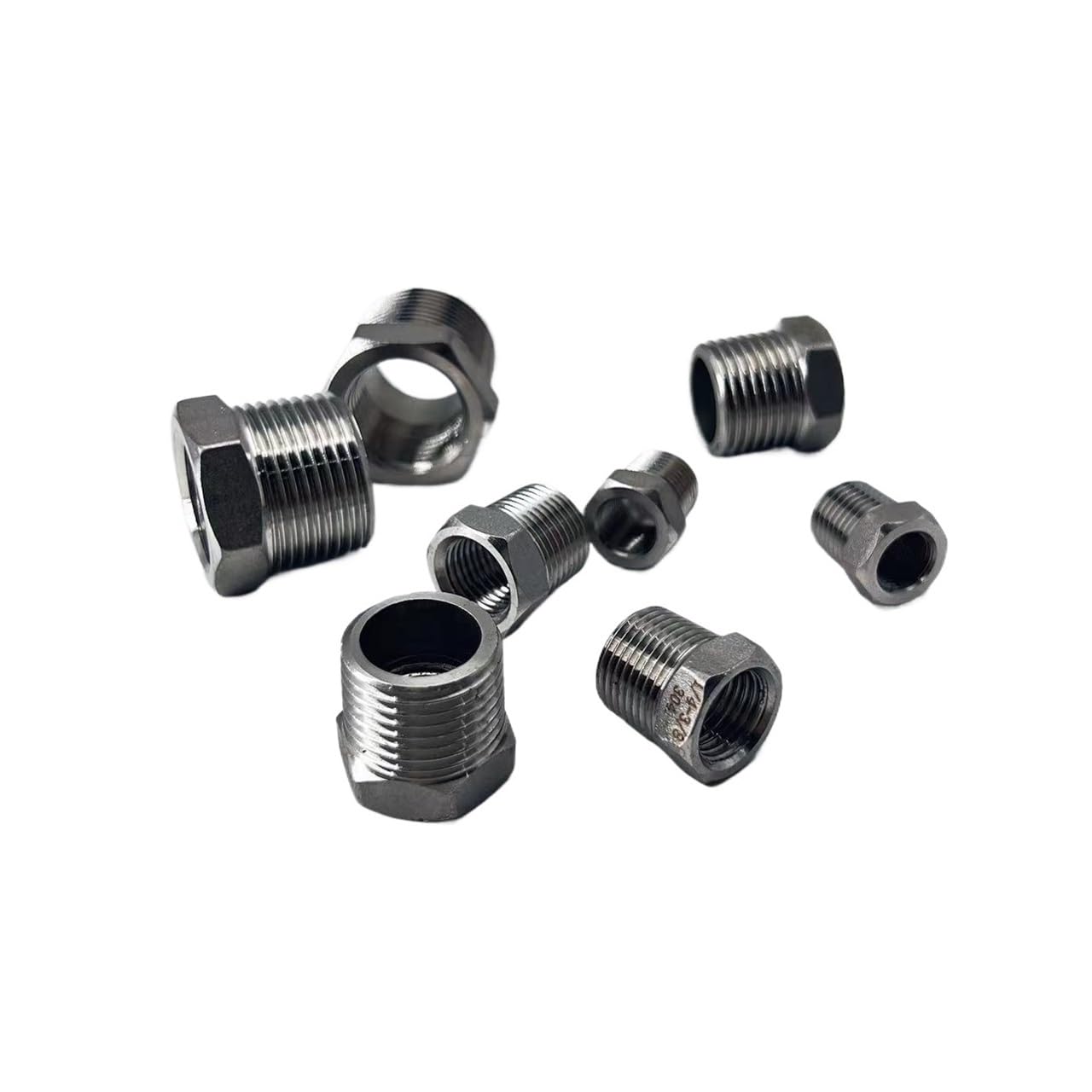 Buje hexagonal reductor de acero inoxidable, rosca macho 3/4" a hembra 1/2", accesorio adaptador for tubería fundida(2-1/2")