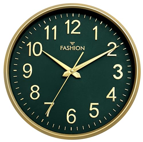 Image of Elica Fashion Round Wall Clock, Green & Gold, Roman Numerals, Decorative Home Decor for Living Room (Gold-FF)