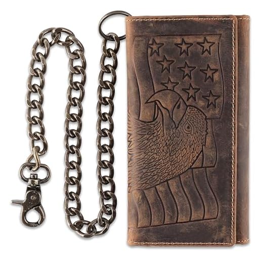 F&L CLASSIC Carteira Masculina De Couro Bovino Com Bloqueio Rfid, Estilo Longo, Três Dobras, De Aço E Corrente, Águia Marrom/Bandeira, 212-101