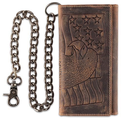 Image of F&L CLASSIC RFID Blocking Mens Tri-fold Long Style Cowhide Leather Steel Chain Wallet,brown eagle /flag,212-101