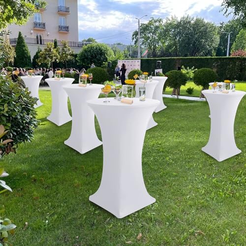 Enjoyidea Cocktail Table Covers-Spandex Round High Top Table Cloths 6 Pack 32x43 Inch-White Stretch Fitted Bar Tall Tablecloth for Pub Bistro Highboy Party Event Banquet Height Folding Satnding Tables