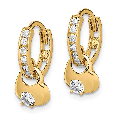 Solid 14K Yellow Gold Cz Cubic Zirconia Hinged Hoop With Heart Dangle Post Studs Earrings #TOP1