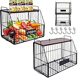 LiteViso 2pcs Large Fruit Basket Onion Storage Wire Baskets with Wood Lid, Stackable Wall-mounted Co