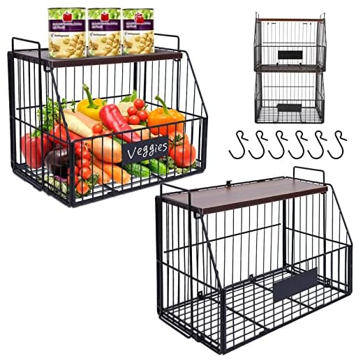 LiteViso 2pcs Large Fruit Basket Onion Storage Wire Baskets with Wood Lid, Stackable Wall-mounted Countertop Tiered Kitchen Counter Organizer for Snack Fruit and Vegetable Storage, 13*8.66*9.45Inches
