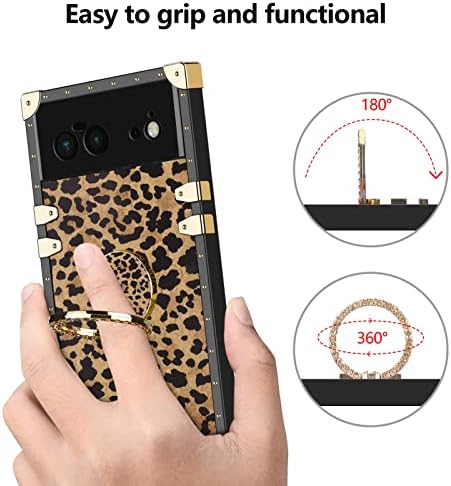 Coolden Compatible with Google Pixel 6 Case with Ring Kickstand Shockproof Square Case for Women Girls Metal Decoration Corner Soft TPU Protective Case Cover for Google Pixel 6 Phone Case (Leopard)
