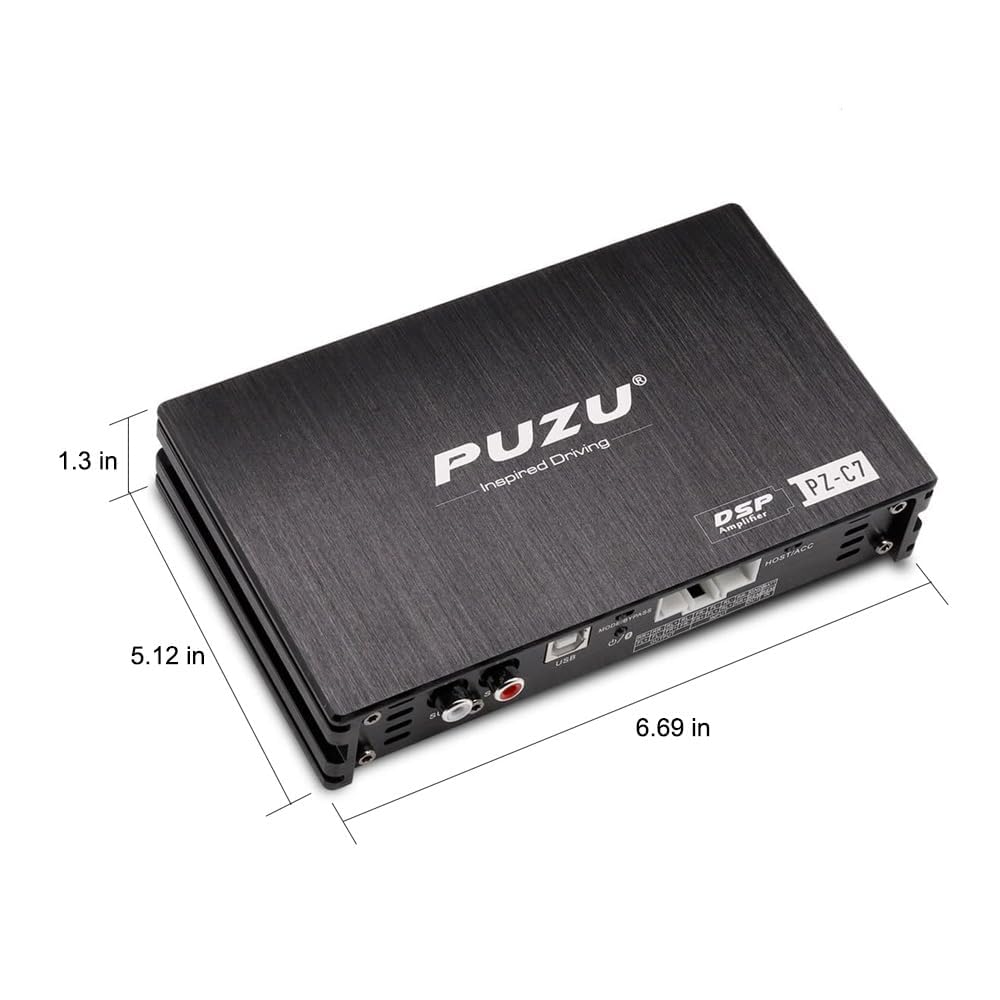 A smartphone displaying the PUZU PZ-C7 mobile app interface for wireless tuning, showing channel selection and an equalizer graph. The PZ-C7 DSP amplifier is also shown, along with icons for Bluetooth 5.0 and app store downloads.