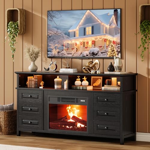 Garvee 60"Fireplace TV Stand for TVs Up to 65",Electric Fireplace TV Stand with LED Lights,3D Flame& Heating,Farmhouse Media Console with Drawers,Tall