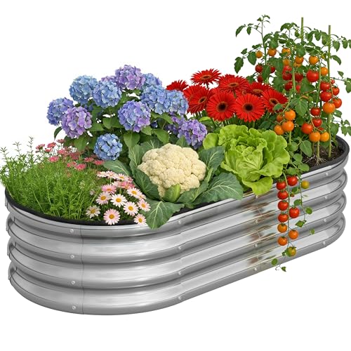 Anmiro Metal Raised Garden Bed Kit, 4×2×1ft Outdoor Planter Boxes with Easy Assembly, Oval Large Galvanized Gardening Raised Bed for Vegetables, Fruits, Flower Silver