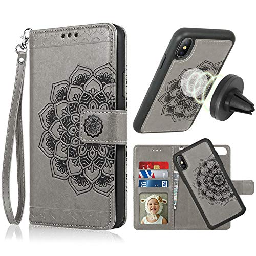 CASEOWL iPhone X/XS Case,iPhone X/XS Wallet Case with Detachable Slim Case,Card Solt Holder,Fit Car Mount, Mandala Flower Floral Embossed Leather Flip Lanyard Wallet Case for iPhone X/XS/10/10S[Gray]