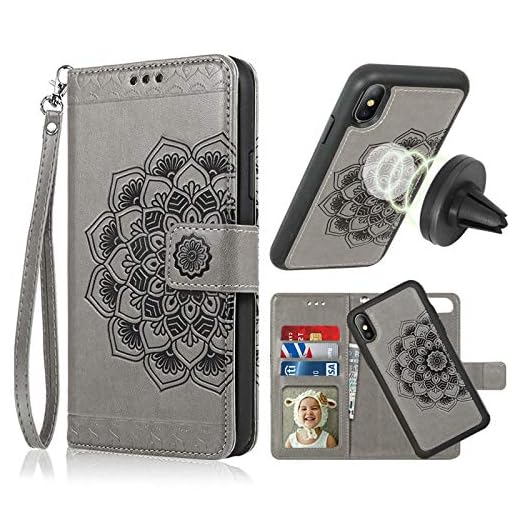 iPhone X/XS Case,iPhone X/XS Wallet Case with Detachable Slim Case,Card Solt Holder,Fit Car Mount,CASEOWL Mandala Flower Floral Embossed Leather Flip Lanyard Wallet Case for iPhone X/XS/10/10S[Gray]