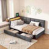 Design Élégant: Tissu gris moderne, tête de lit en sections et coutures précises sur ce lit coffre 90x200 – s’intègre à tous les styles de chambre, offrant une touche de qualité haut de gamme