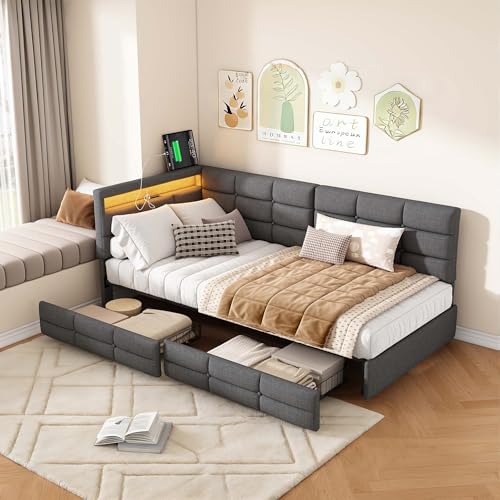 Poeahu Canapé lit 90 x 200 avec éclairage LED et Prise USB, Lit Simple avec 2 Tiroirs, Cadre de Lit 90x200 avec sommier à Lattes, Lits Coffre Lit Banquette,...