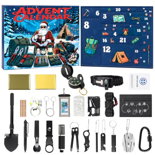 Set de supervivencia calendario de adviento 2026 para hombres, cuenta regresiva navideña de 24 días con herramientas de supervivencia, equipo de supervivencia regalo para aventuras al aire libre