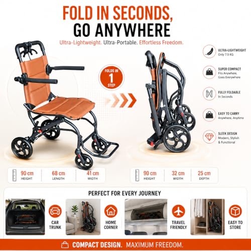 Image of VEAYVA Premium Portable Wheelchair for Adults & Elderly | Lightweight & Foldable | Soft Brown Cushion Seat | Curved Ergonomic Design | Compact Travel Mobility Chair for Seniors, Patients & Caregivers | Indoor & Outdoor Use