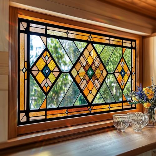 SHENGYUMY Geometric Stained Glass Window Film 17.7 x 39.3 Inch No Glue Static Cling Yellow Orange...