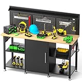 ahomrt 60 Inch Heavy Duty Workbench with Storage Cabinet, Solid Wood Top, 2000 lbs Capacity, Garage Work Table with Pegboard, Power Outlet, Leveling Feet, Black
