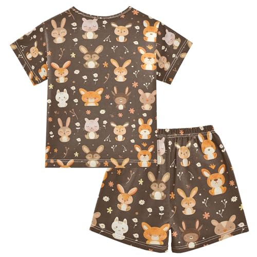 ALAZA Cute Animal Rabbit Blossom Pajamas Set Short Sleeve Cotton Sleepwear Summer Pjs 2 Piece 5-14Y2