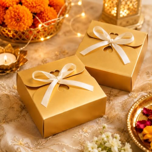 Image of SATYAM KRAFT 12 Pcs Multipurpose Decorative Paper Folding Storage Box with Ribbon for Wedding Gifts, Return Gifts, Birthday, Perfect for Packing Chocolates, Dry Fruits & Wedding Favors.(Golden)