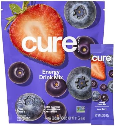 Cure Hydration Performance | Plant-Based Electrolyte Energy Drink Mix | No Added Sugar | Dehydration Relief Powder | 100mg of Caffeine | Non-GMO | Vegan | Pouch of 14 Packets – Acai Berry Cure Hydration Performance | Plant-Based Electrolyte Energy Drink Mix | No Added Sugar | Dehydration Relief Powder | 100mg of Caffeine | Non-GMO | Vegan | Pouch of 14 Packets – Acai Berry