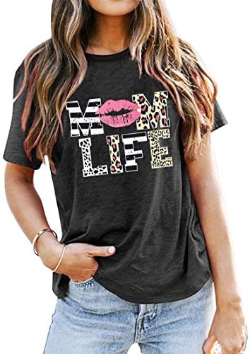 Women Mom Life T-Shirts Leopard Lips Stripe Graphic Shirts Funny Letter Printed Tee Tops Mother's Day Casual Blouse