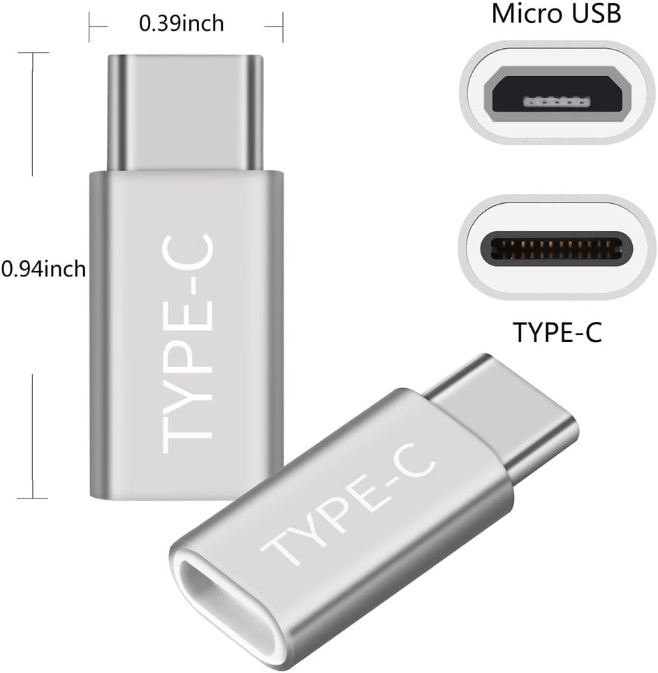 OneKer USB Type C Adapter, USB C to Micro USB Convert Connector Fast Charger Compatible Samsung Galaxy S10 S9 S8 Plus Note 9 8, Pixel 2 XL, LG V20 30 G5 G6, Nexus 5X 6P(Silver 4-Pack)