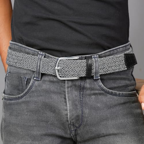 Image of LOUIS STITCH Men's Braided Elastic Stretch Belt with Leather Tipped End Stretchable Canvas Waist Band for Men Women Boys Girls Unisex (Width 3 cm) (BE-EL)