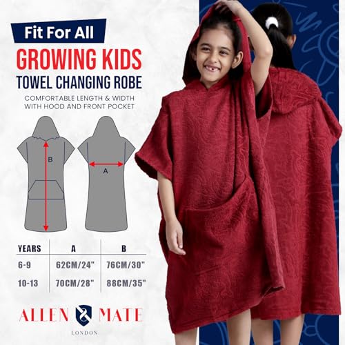 Image of ALLEN & MATE 100% Cotton Kids Hooded Surf Poncho Changing Robe, Quick Absorbent Wearable Swim Towel Boys & Girls, 6-13 Years