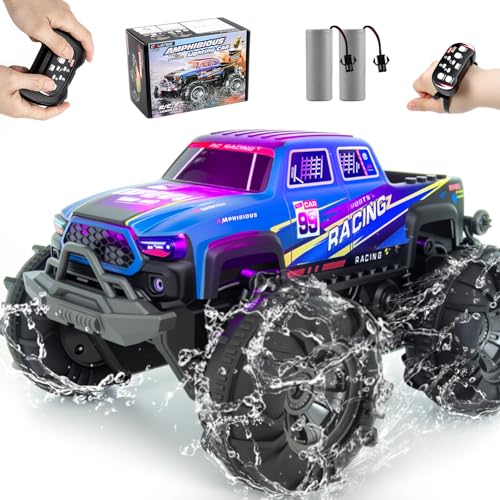 Calefwe Amphibious Remote Control Car, Monster Trucks for Boys Age 4-7, Monster Truck Toys W/Blocks & 360°Spin, 4WD All-Terrain Off-Road RC Cars with 2 Batteries 100 min, 2.4Ghz Pool Toy Gift for Kids