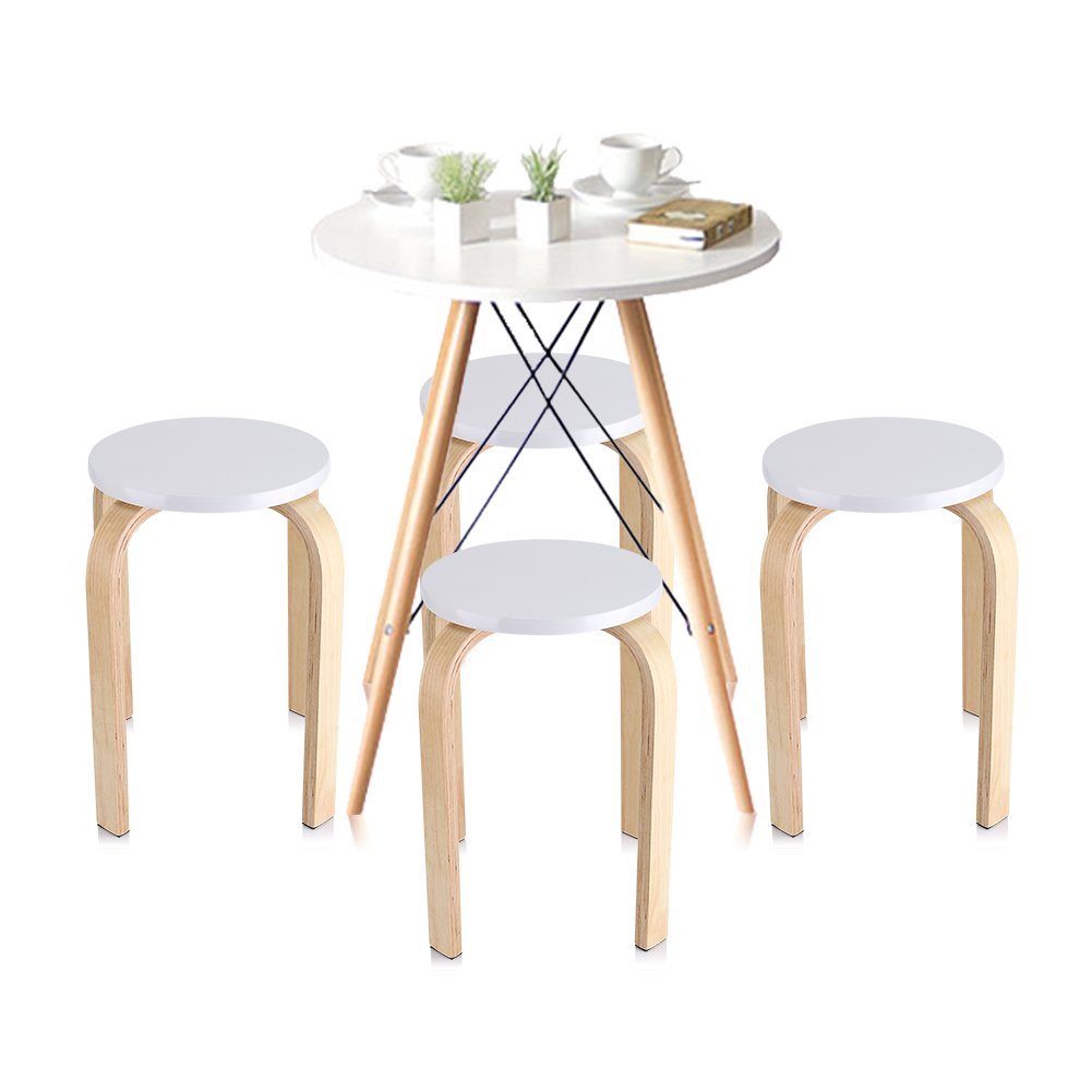 lyrlody Taburete Redondo de Madera, Taburete Apilable con 4 Patas y Alfombrilla Antideslizante Muebles para Hogar Cocina Bar, 40 x 45.5cm(Blanco)