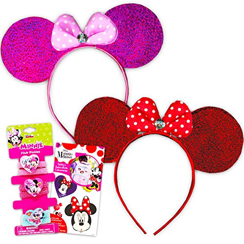 Disney Minnie Mouse Ears and Hair Accessories ~ Set of 2 Sparkling Minnie Ears with Set of 4 Minnie Mouse Scrunchies and Bonus Stickers (Minnie Mouse Dress Up Costume Accessories Bundle)