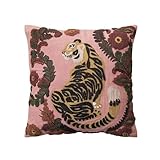 Creative Co-Op, Multicolor Embroidered Tiger and Flowers Cotton Slub Pillow