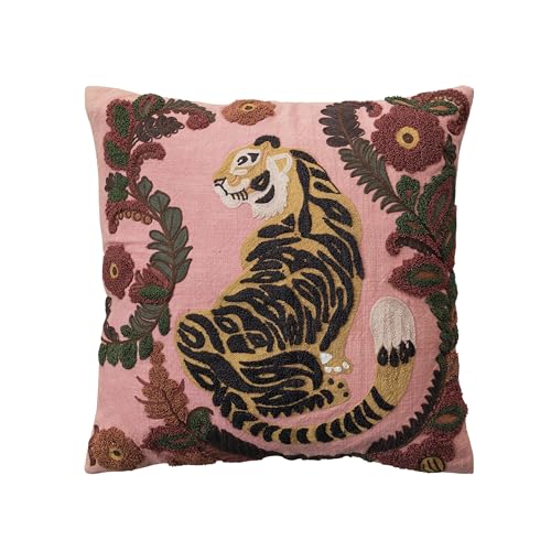 Creative Co-Op Embroidered Tiger and Flowers Cotton Slub Pillow, Multicolor