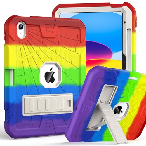 SIBEITU Case for iPad (A16) 11th Gen 11-inch 2025 & iPad 10th Gen 10.9 Inch 2022, Rugged Military Grade Protective Cover Built-in Kickstand & Pencil Holder | Vibrant Rainbow for Young Artists & Kids