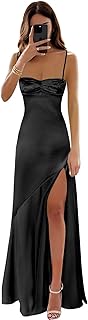 Satin Corset Prom Dresses Long Spaghetti Straps A-Line Pleated Bridesmaid Dress Formal Evening Gowns with Slit - Buy now