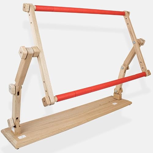 Luca-S Beige/Red Large Table-Style Needlework Scroll Frame With Adjustable Organic Beech Wood, Embroidery & Tapestry Holder (30 × 40 Cm)