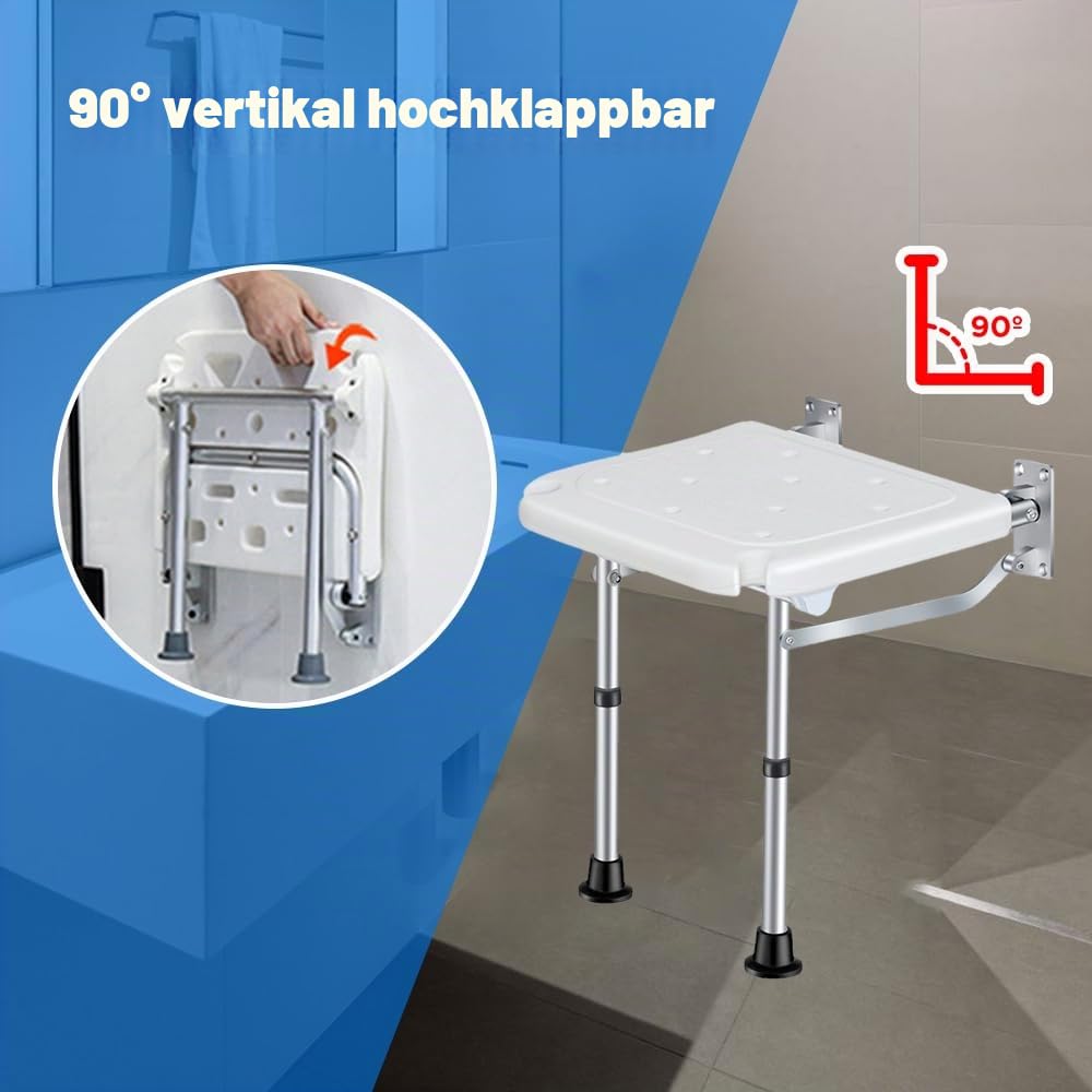 Zusammenklappbarer Duschhocker, Wandmontage, verschraubter Badhocker mit rutschfesten Füßen, Ablaufloch, Duschkopfschlitz für ältere Menschen mit Behinderungen, 42 - 53 mm