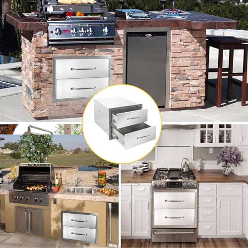 Image of Outdoor Kitchen Drawers 18 inch W x 15 inch H x 23 inch D Flush Mount Double layer BBQ Drawers with Chrome Handle,Stainless Steel Built-in 2-Drawer for Outdoor Kitchen Island, Patio Grill Station