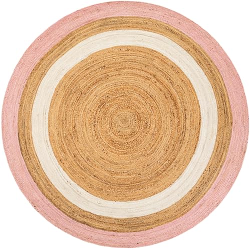 Aizza Trends Alfombra tejida a mano de yute natural con ribete blanco y rosa, alfombra de diseño sólido para dormitorio, sala de estar, comedor, 91 x 91 cm