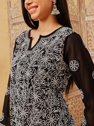 Image of Ada Women's Georgette Regular Fit Chikankari Hand Embroidered Lucknow Short Kurti Top A911224