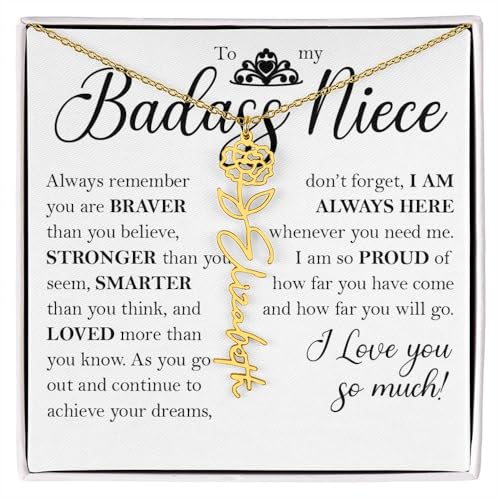 Personalized Custom Niece Gift From Aunt, Birth Flower Name Necklace with Gift Box, Customized Floral Pendant Jewelry Keepsake for Women, Birthday Month Necklace for Christmas Graduation Gift2