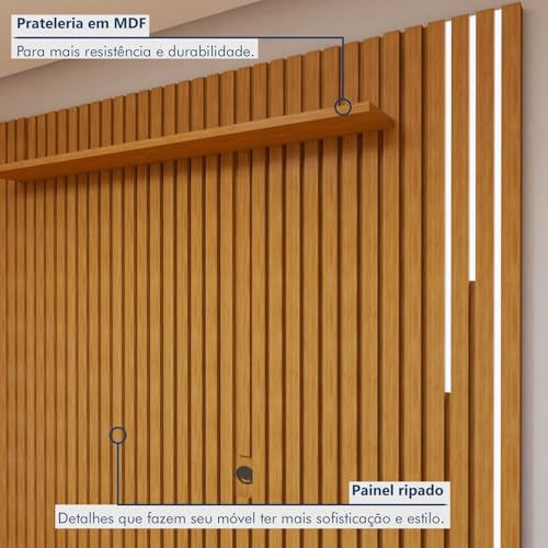 Conjunto Rack Grécia 180cm com Painel Ripado com Led para Tv de até 75 Polegadas com Led Paris Natur