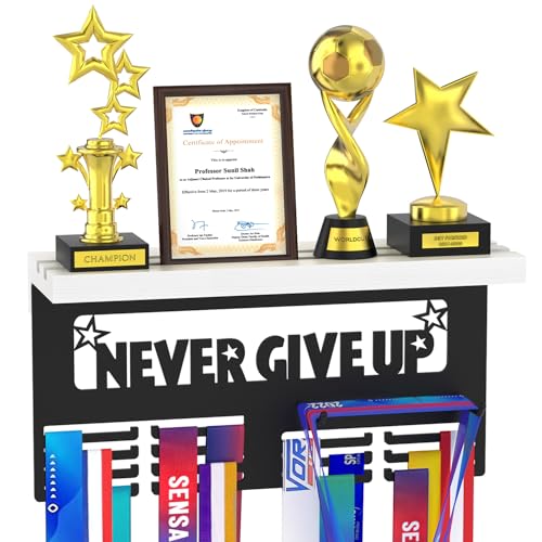Image of Medal Holder Display Trophy Shelf Organizer, Sturdy Wooden Race Award Hanger Rack with 25 Steel Hooks, Wall Mount Storage Stand for Sports Fans, Cheer Success