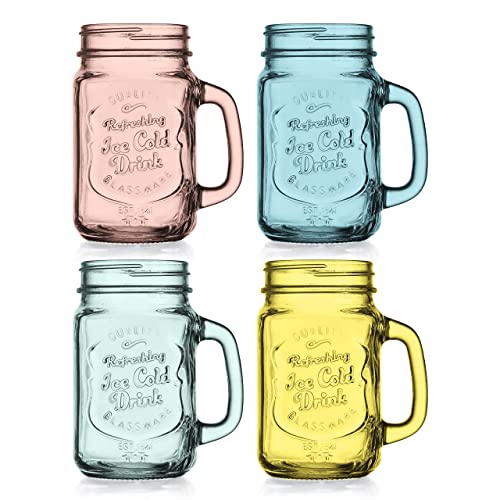 Glaver's Set Of 4 Mason Original Glasses Set Of 4, 15.25 Oz. Color Mugs With Embossed Ice-Cold Logo, Mason Jar Mug With Handle, Assorted Colors #TOP1