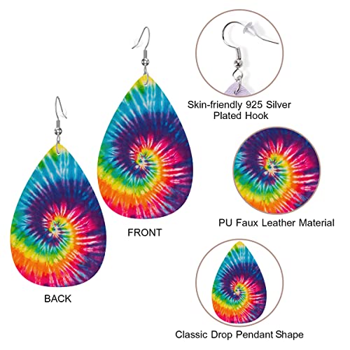 Zokola Tie Dye Drop Dangle Earrings, Colorful Hippie Swirl Tie Dye Earrings Charm Jewelry For Womens Friends, Lightweight Faux Leather Drop Dangle Earrings Set2