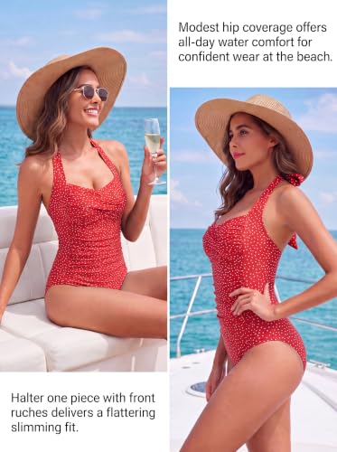 Image of Smismivo Tummy Control Swimwear Halter One Piece Slimming Vintage Retro Swimsuit Womens Ruched Push Up Bathing Suit