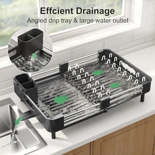 SAYZH Dish Drainer Rack, Expandable Stainless Steel Sink Dish Rack and Draining Board Set, Dish Drying Rack with Utensil Holder and Swivel Drainage Spout for Kitchen Counter, Black - Image 2
