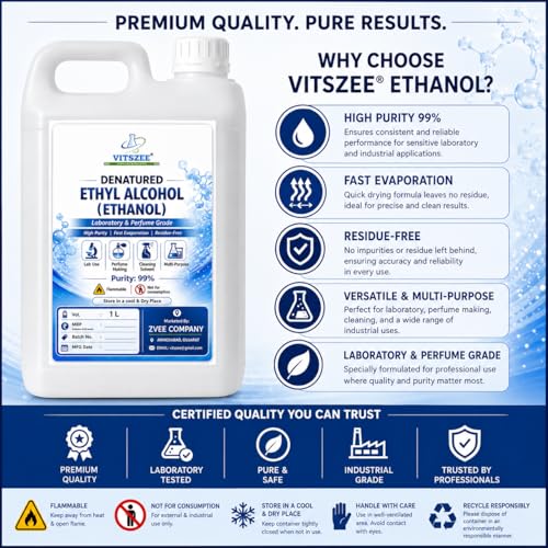 Image of VITSZEE Denatured Ethyl Alcohol 1L (Ethanol) | Laboratory & Perfume Grade | 99% Purity | Multi-Purpose Solvent | Fast Evaporation | Residue-Free Cleaning