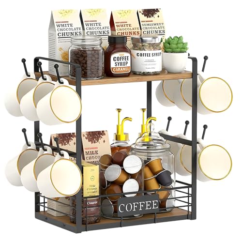 Coffee Mug Rack with 12 Hooks, 2-Tier Coffee Bar Organizer, Black & Brown